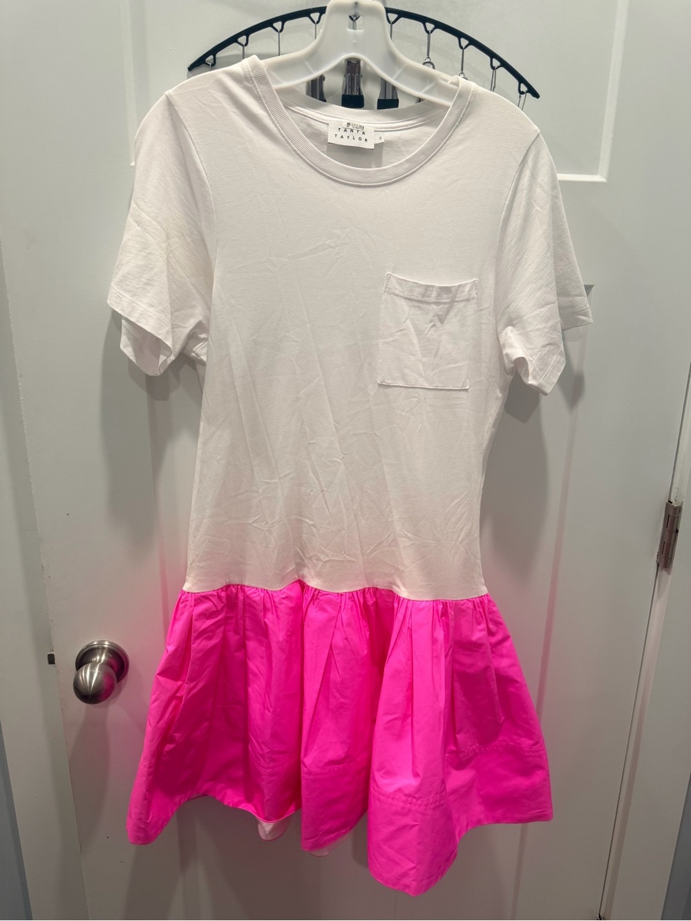Tanya Taylor Katlyn White Neon Pink Flounce Hem T-Shirt Dress S